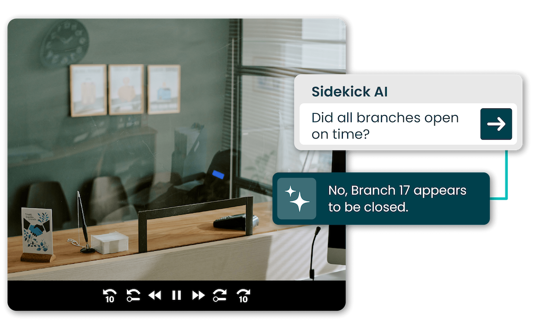A modern office reception desk is shown behind glass; an AI chat interface indicates one branch, Branch 17, did not open on time.
