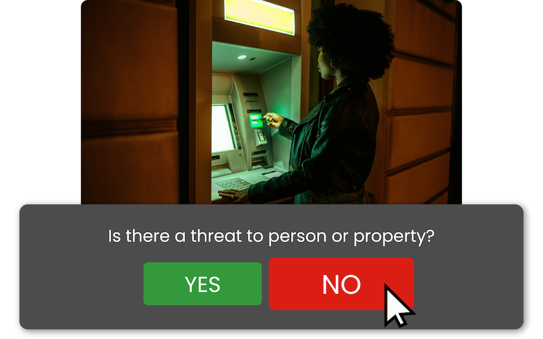 A person uses an ATM at night; an on-screen prompt asks, "Is there a threat to person or property?" with a cursor clicking "NO.