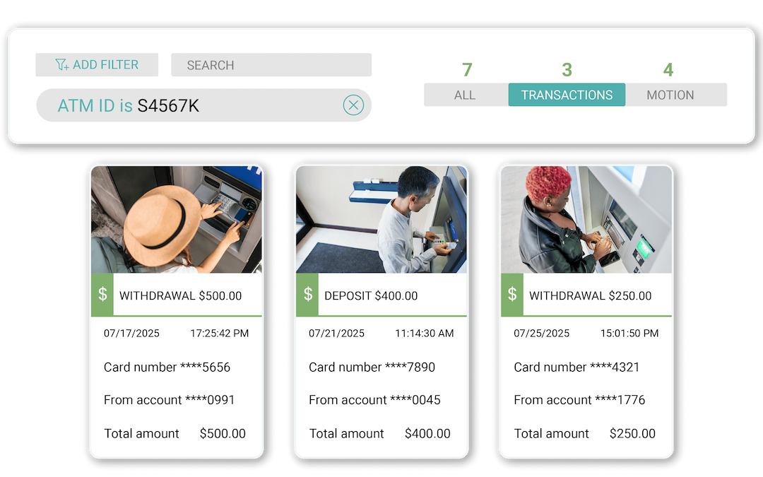 ATM transactions dashboard showing three recent activities: a $500 withdrawal, a $400 deposit, and a $250 withdrawal, each with date, time, card number, and account info.