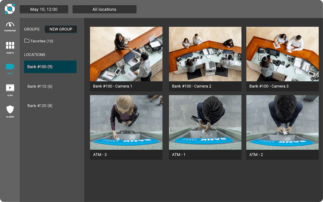 A surveillance dashboard displays video feeds from three bank lobby cameras and two ATM cameras, with navigation menus on the left and a date/time display at the top.