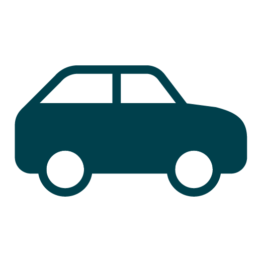 Simple dark blue silhouette of a car with two windows and two wheels on a light gray background.