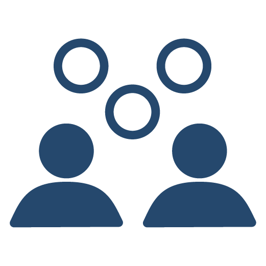 Two navy blue human icons with five circles arranged above and between them on a light gray background.