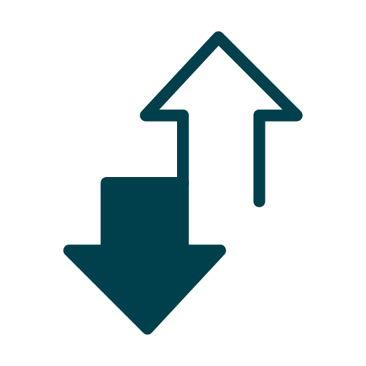 Two arrows on a light background, one pointing up and the other pointing down, overlapping at their tails.