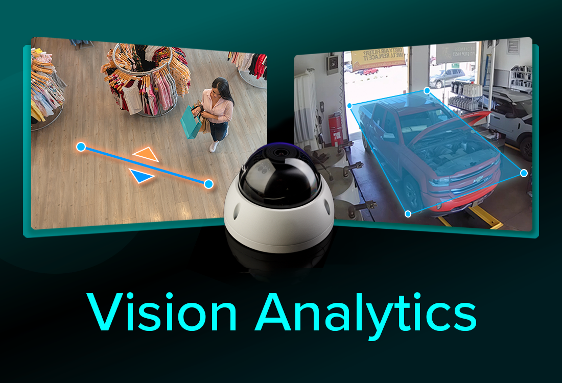 Two surveillance camera views show tracked objects: a person in a clothing store and a car in a shop, with "Vision Analytics" text below and a security camera in the center.