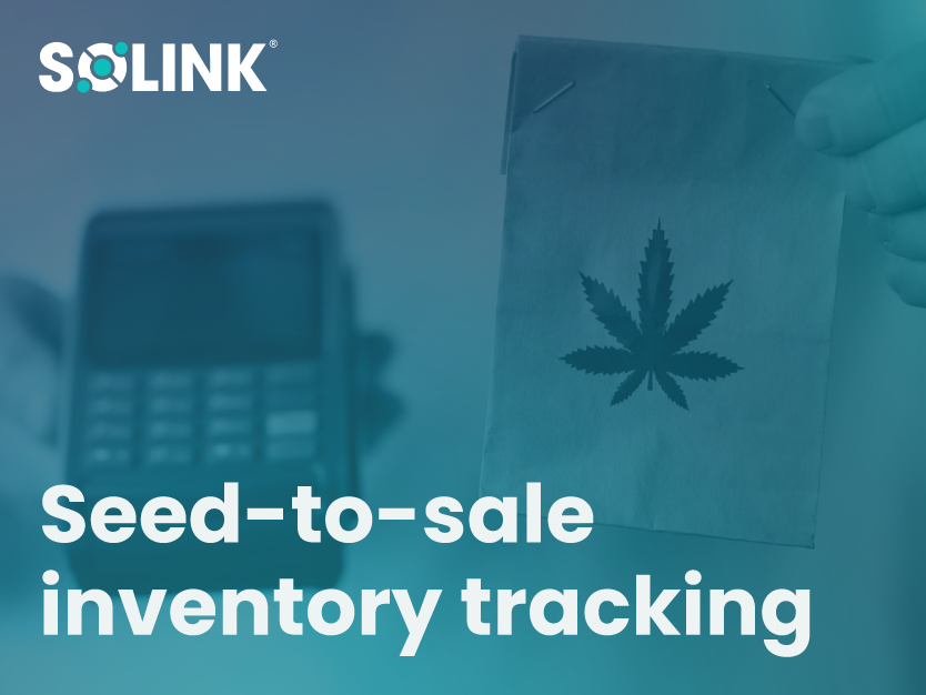 A hand holds a paper bag with a cannabis leaf symbol; a card terminal is blurred in the background. Text: “Seed-to-sale inventory tracking.” Solink logo in the top left corner.