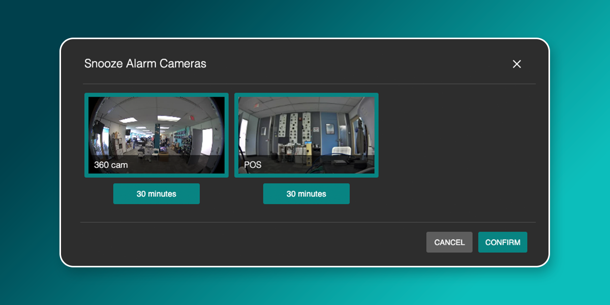 A user interface displays two camera feeds labeled “360 cam” and “POS,” each with a “30 minutes” button, and options to cancel or confirm at the bottom.