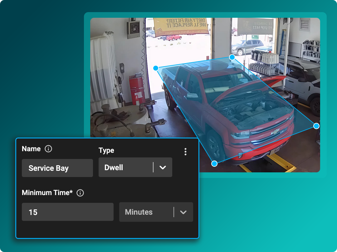 A red SUV inside an auto service bay, with a digital overlay highlighting the vehicle and a settings panel displaying options for service bay dwell time.