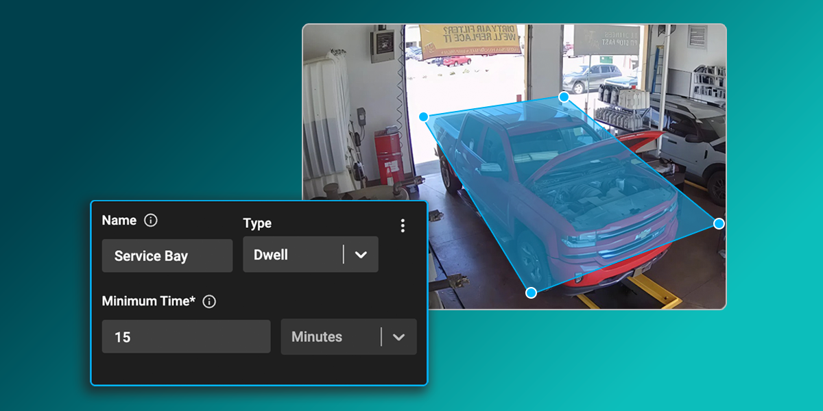 A camera view of a vehicle in a service bay with an overlay, next to a settings panel showing options for configuring dwell time in minutes.