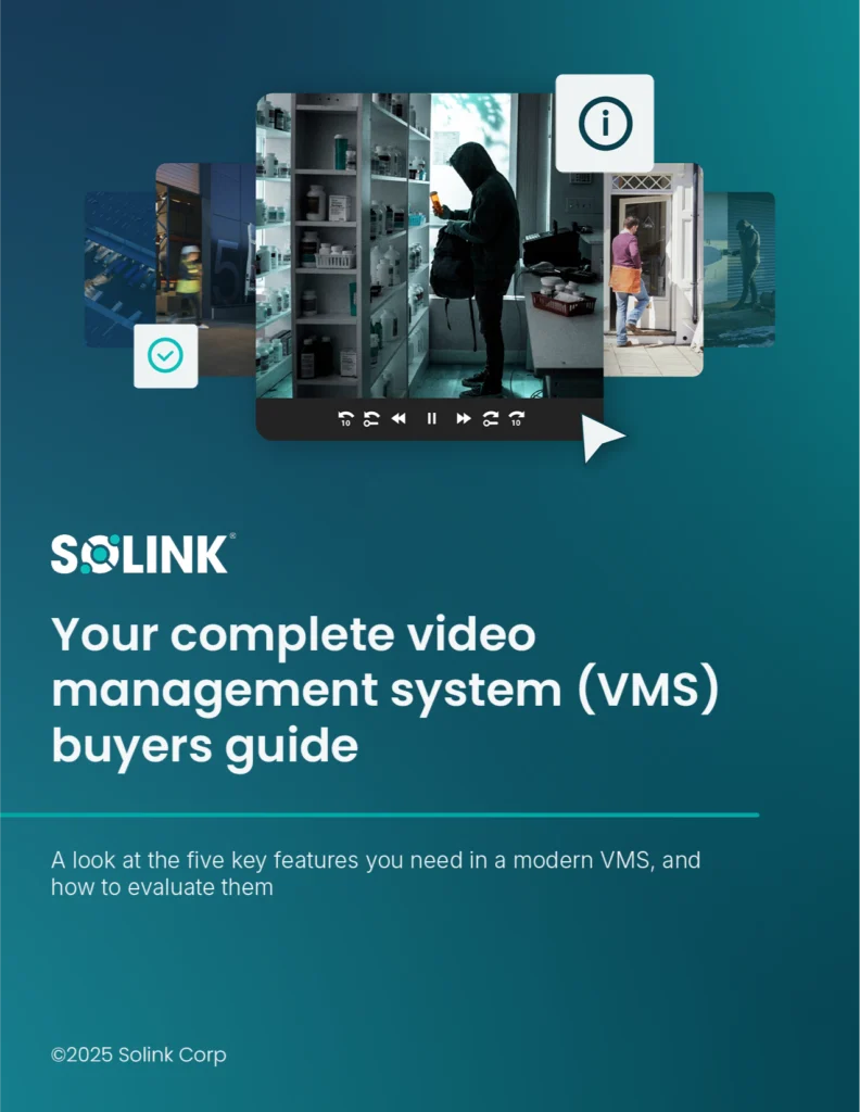 Cover of a buyers guide for video management systems by Solink, featuring images of surveillance footage and icons representing key features.