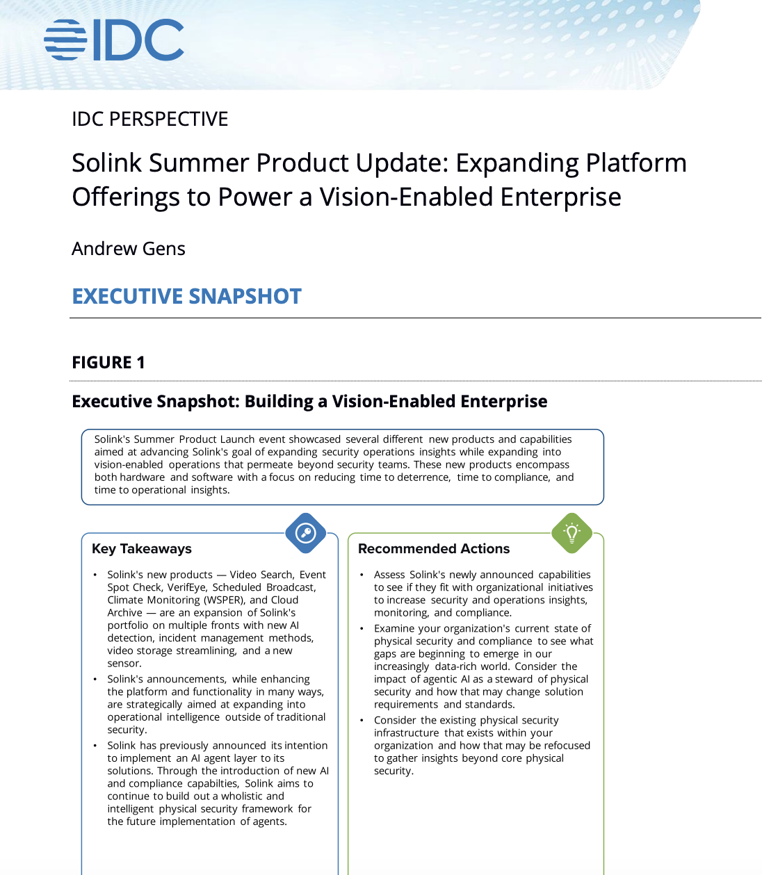 Screenshot of the first page of the IDC executive snapshot report on Solink’s Summer Product Update
