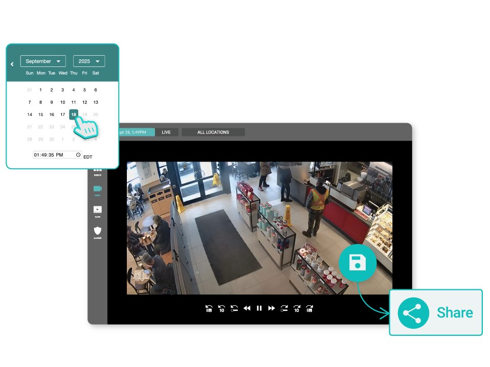 A computer screen shows a security camera feed from a store, with a calendar for date selection and a highlighted share button.
