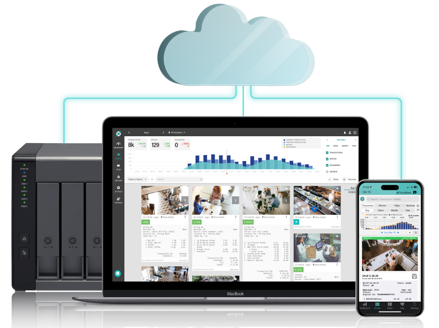 A network storage device, a laptop, and a smartphone display connected via cloud, with surveillance camera footage shown on the laptop and phone screens.