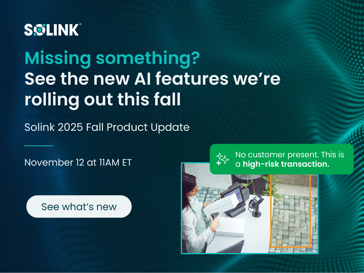 Promotional graphic for Solink's 2025 Fall Product Update, highlighting new AI features and a high-risk transaction alert, with event details for November 12 at 11AM ET.