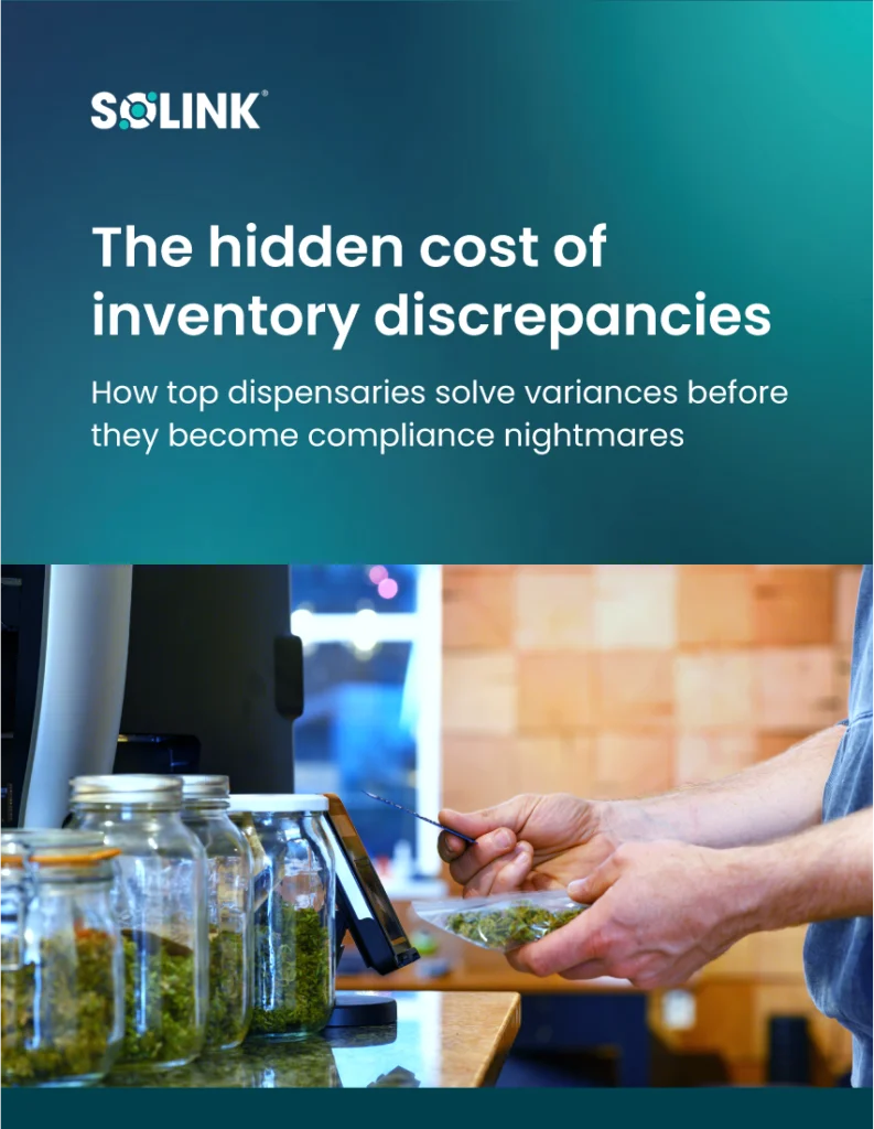 A person measures cannabis in a dispensary, with jars on the counter and a computer screen nearby; text promotes inventory compliance solutions.