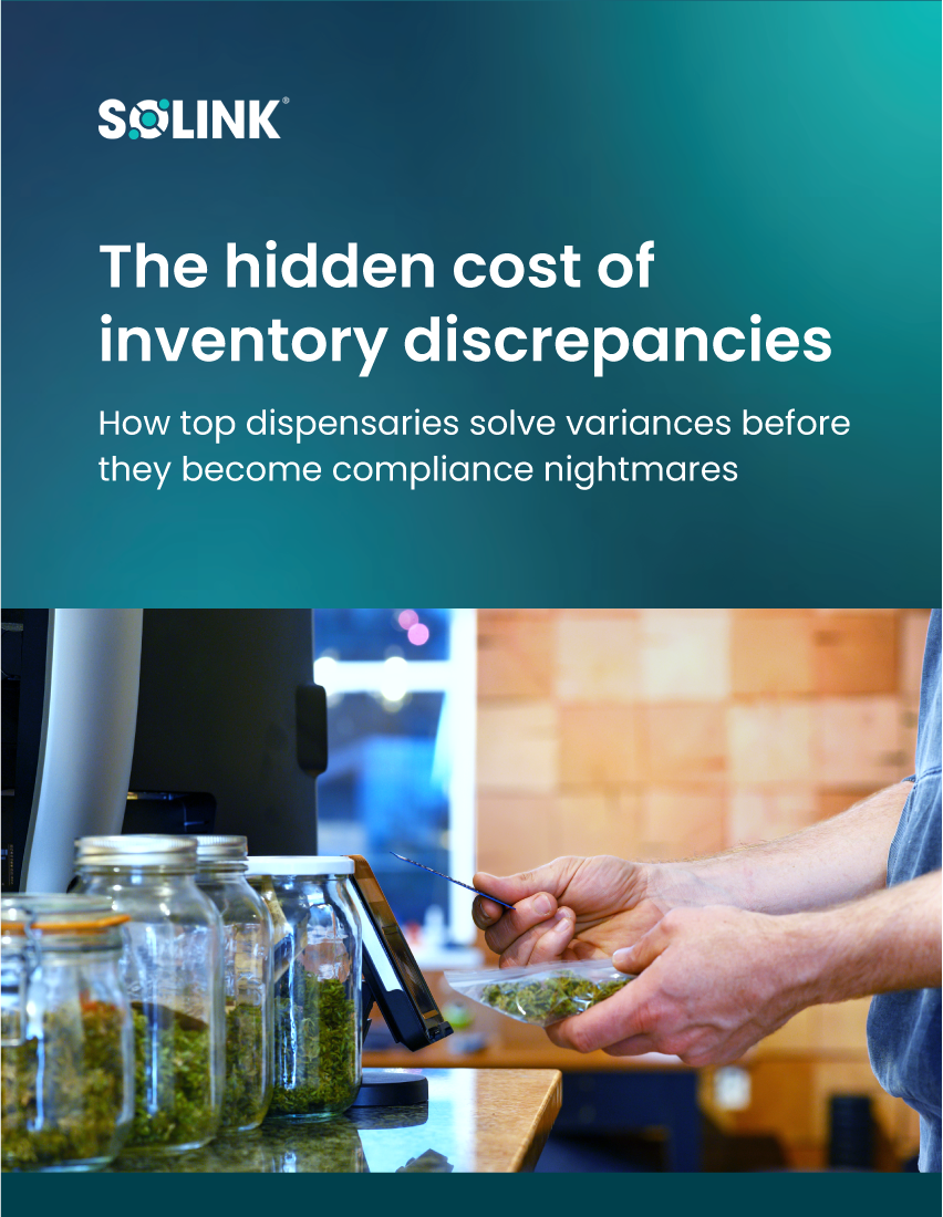 A person measures cannabis in a dispensary, with jars on the counter and a computer screen nearby; text promotes inventory compliance solutions.