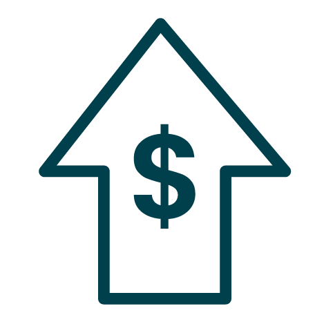 Outlined upward arrow with a dollar sign in the center, representing an increase in monetary value or financial growth.