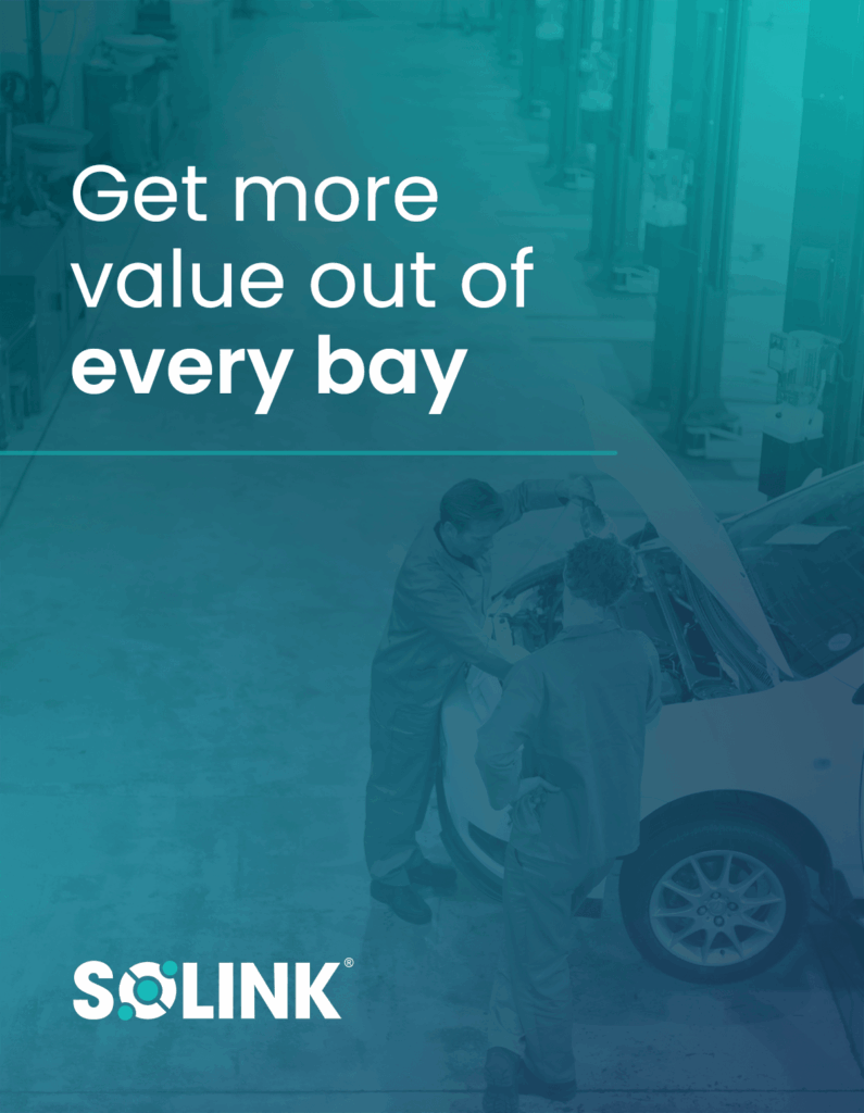 Two people inspect a car with its hood open in an auto service bay. Text reads, "Get more value out of every bay." Solink logo is at the bottom.