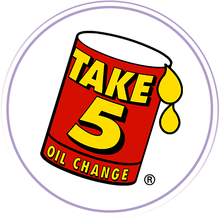 A red oil can labeled "TAKE 5 OIL CHANGE" with yellow oil drops coming out, inside a circular border.