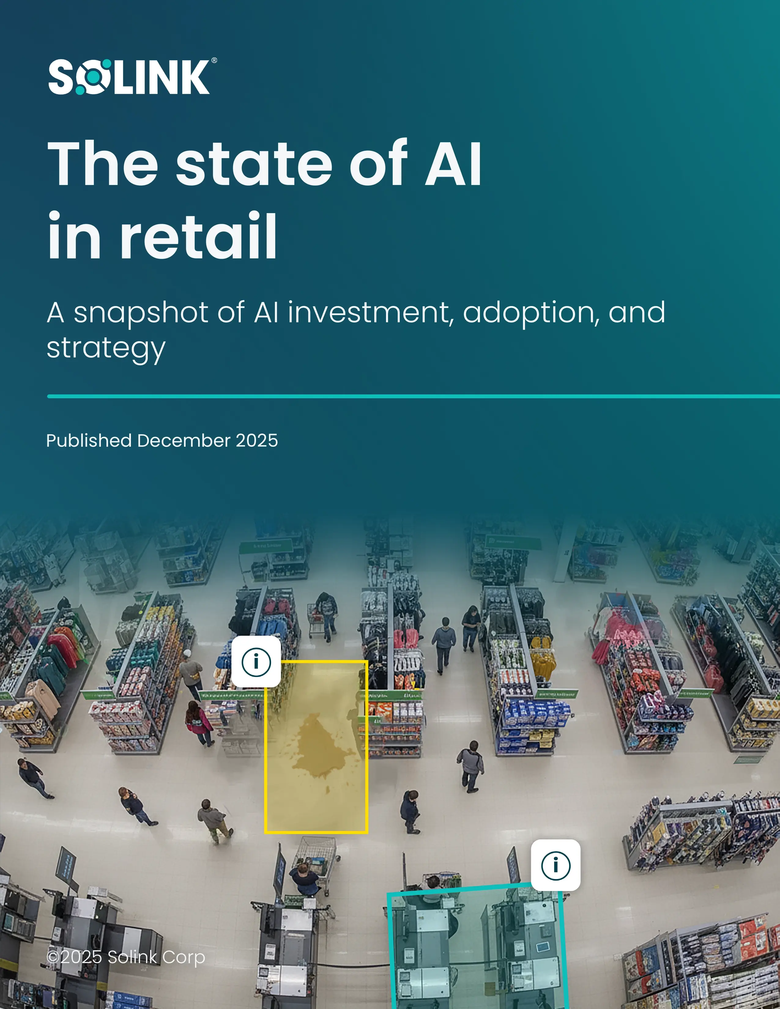 Cover page for a report titled "The state of AI in retail," featuring an overhead view of shoppers in a store with shelves and shopping carts.