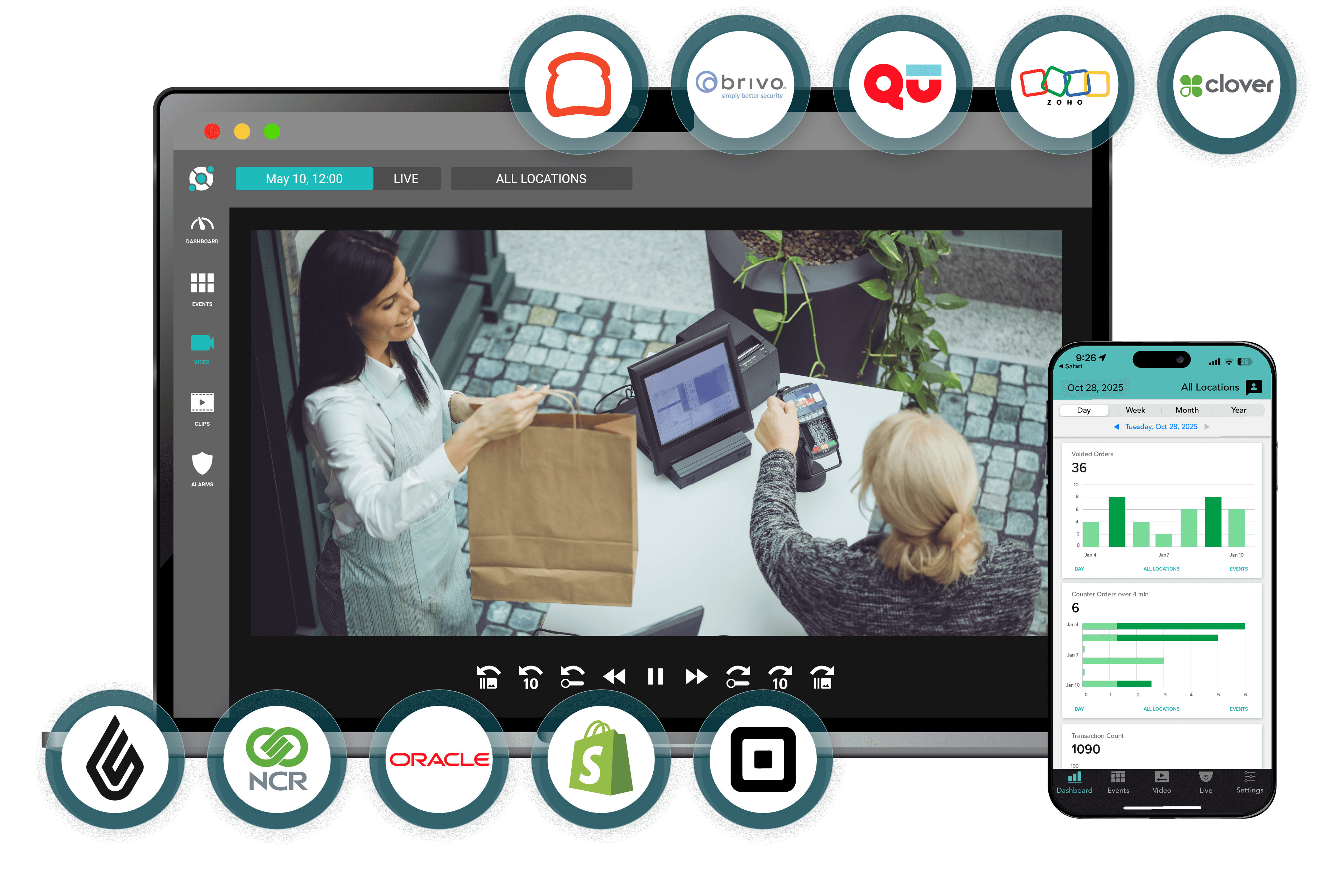 A computer screen shows a video of a cashier and a customer at a checkout, with analytics on a mobile device and various business software logos displayed around the screens.