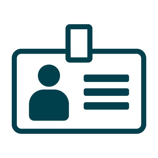 Icon of an identification badge showing a person’s silhouette on the left and three horizontal lines representing text on the right.