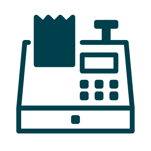 Icon of a cash register with a receipt sticking out, a keypad, and a display screen, shown in a simple, dark teal line style.