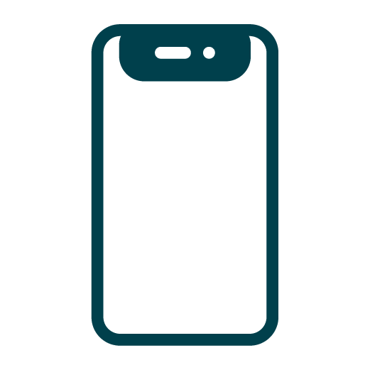 Simple graphic outline of a smartphone with a rounded screen and two circular shapes representing the front camera and sensor at the top.