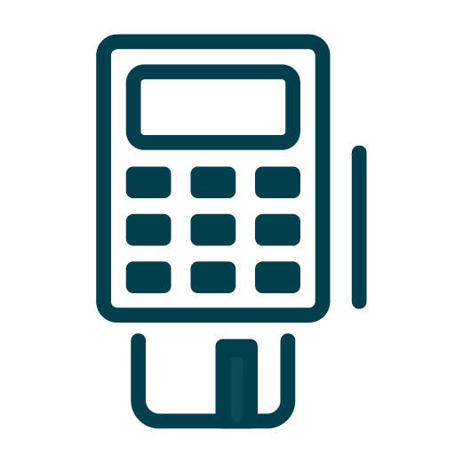 Simple line drawing of a card payment terminal with a numeric keypad and a credit card inserted at the bottom.