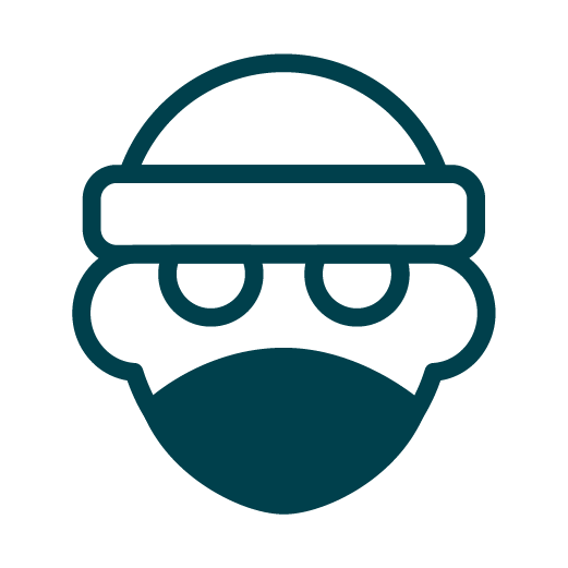 Simple icon of a masked face wearing a headband, resembling a burglar or masked character, on a light background.