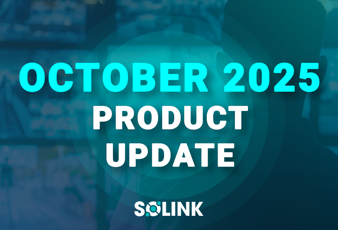 Text reading "October 2025 Product Update" and "Solink" over a blurred background with blue tones.