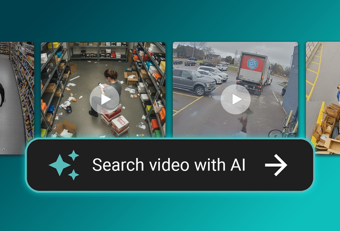 Four security camera footage thumbnails are shown above a button labeled "Search video with AI" featuring a right arrow and sparkles.