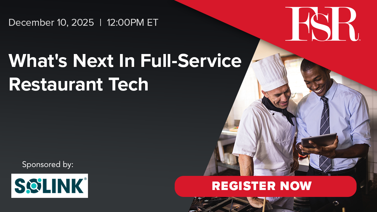 A chef and a man in business attire review a tablet together in a kitchen; event details about full-service restaurant tech are displayed.