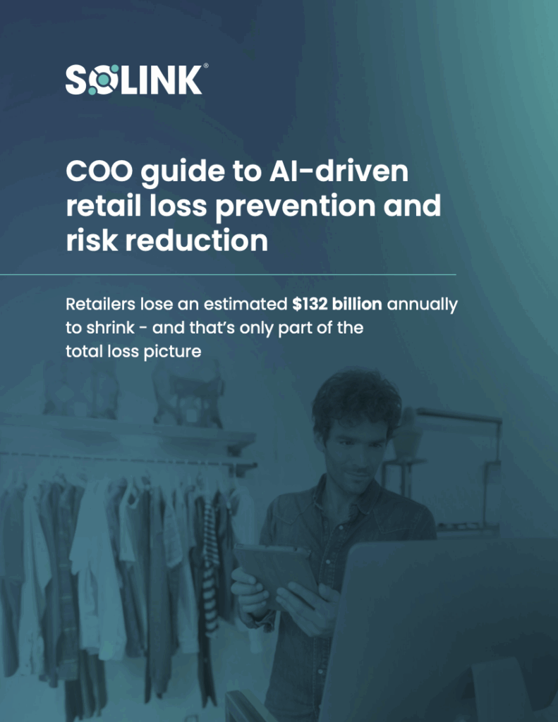 A man uses a tablet in a clothing store; text highlights an AI-driven retail loss prevention guide and $132 billion in annual retailer losses.