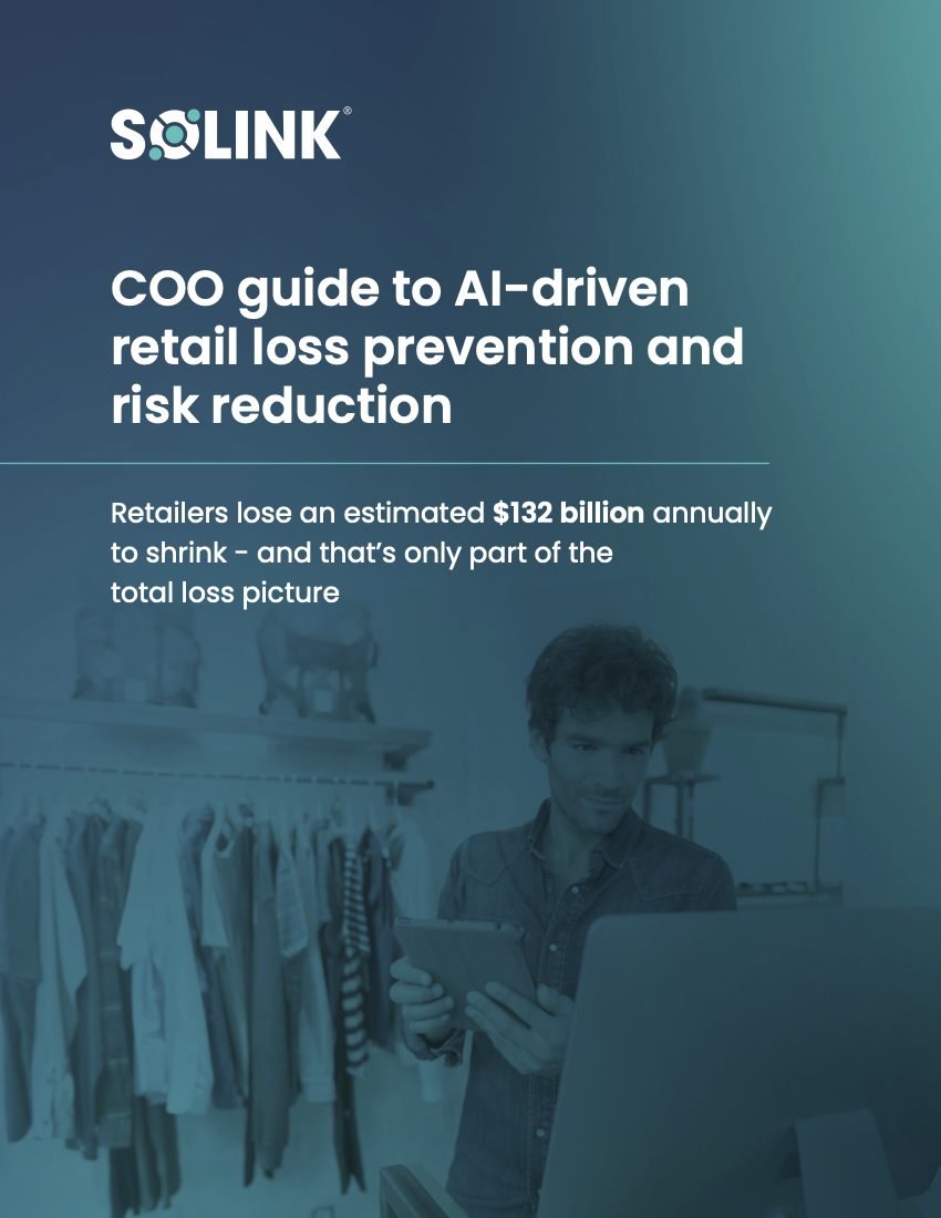 A man uses a tablet in a clothing store; text highlights an AI-driven retail loss prevention guide and $132 billion in annual retailer losses.