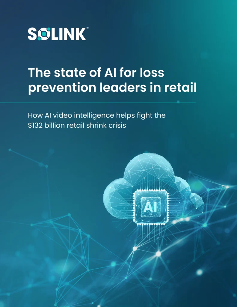 Cover page for a report titled "The state of AI for loss prevention leaders in retail" by Solink, featuring a digital cloud with "AI" and network lines on a blue background.