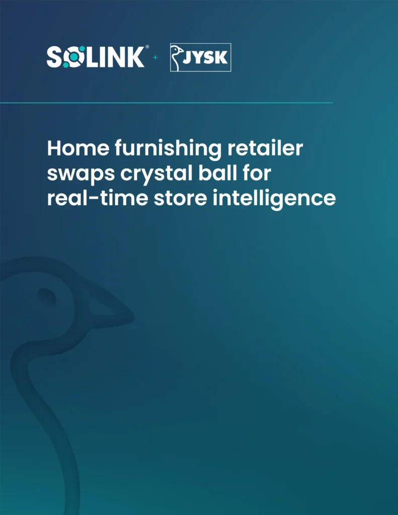 Solink and JYSK branded image with text: "Home furnishing retailer swaps crystal ball for real-time store intelligence" on a blue gradient background.