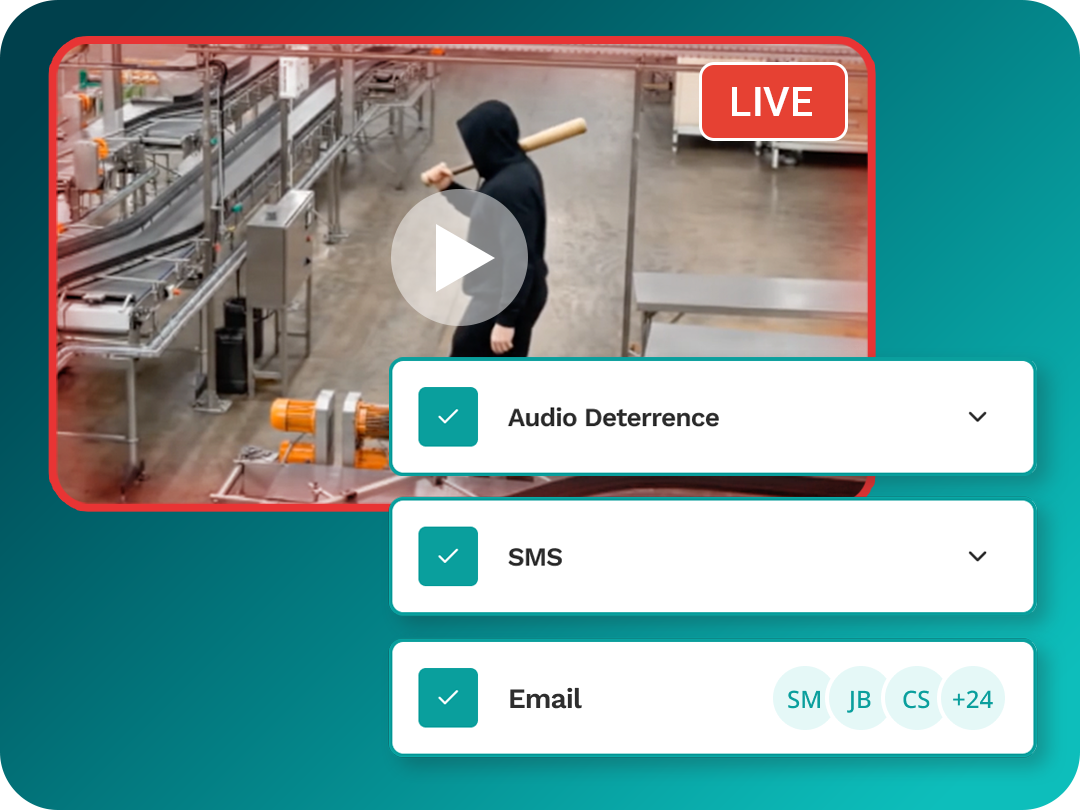 A live security feed shows a person in a hood holding a bat in an industrial area, with options for audio deterrence, SMS, and email alerts visible on the screen.