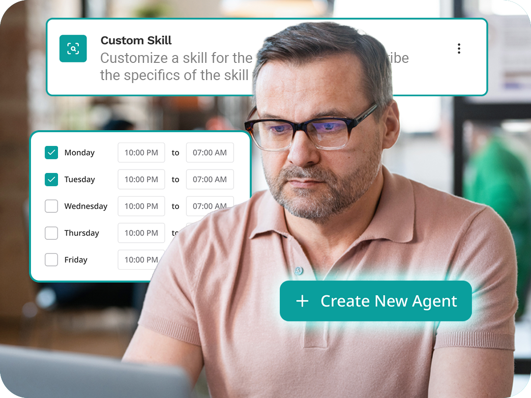 A man using a laptop is shown in front of an interface for customizing skills and scheduling, with a highlighted “Create New Agent” button.