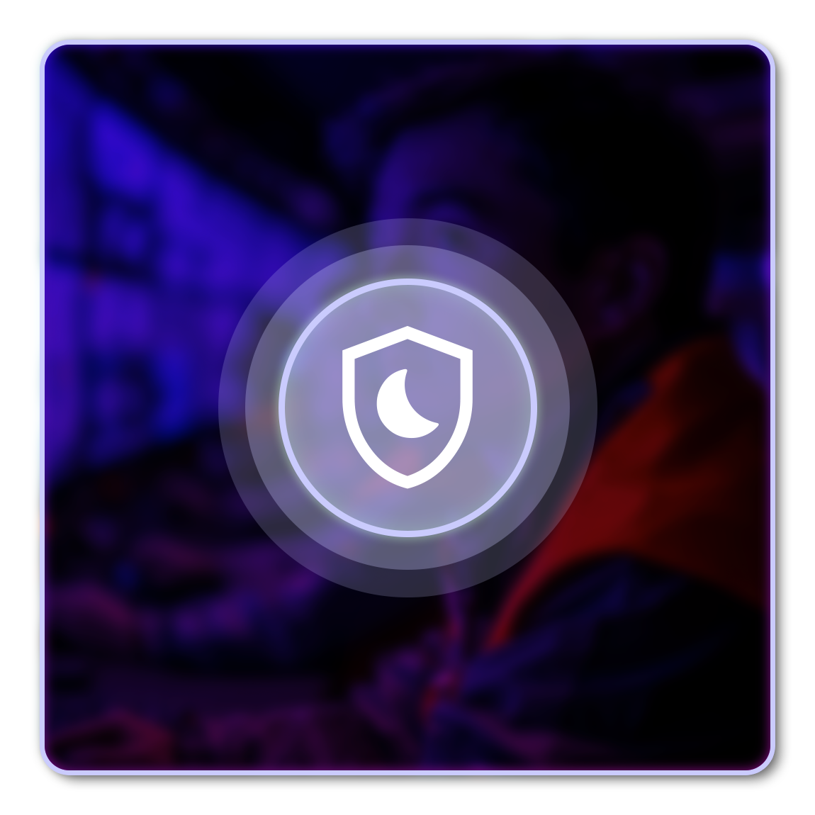 A shield icon with a crescent moon is centered over a blurred, dark-toned background with a person visible in the distance.