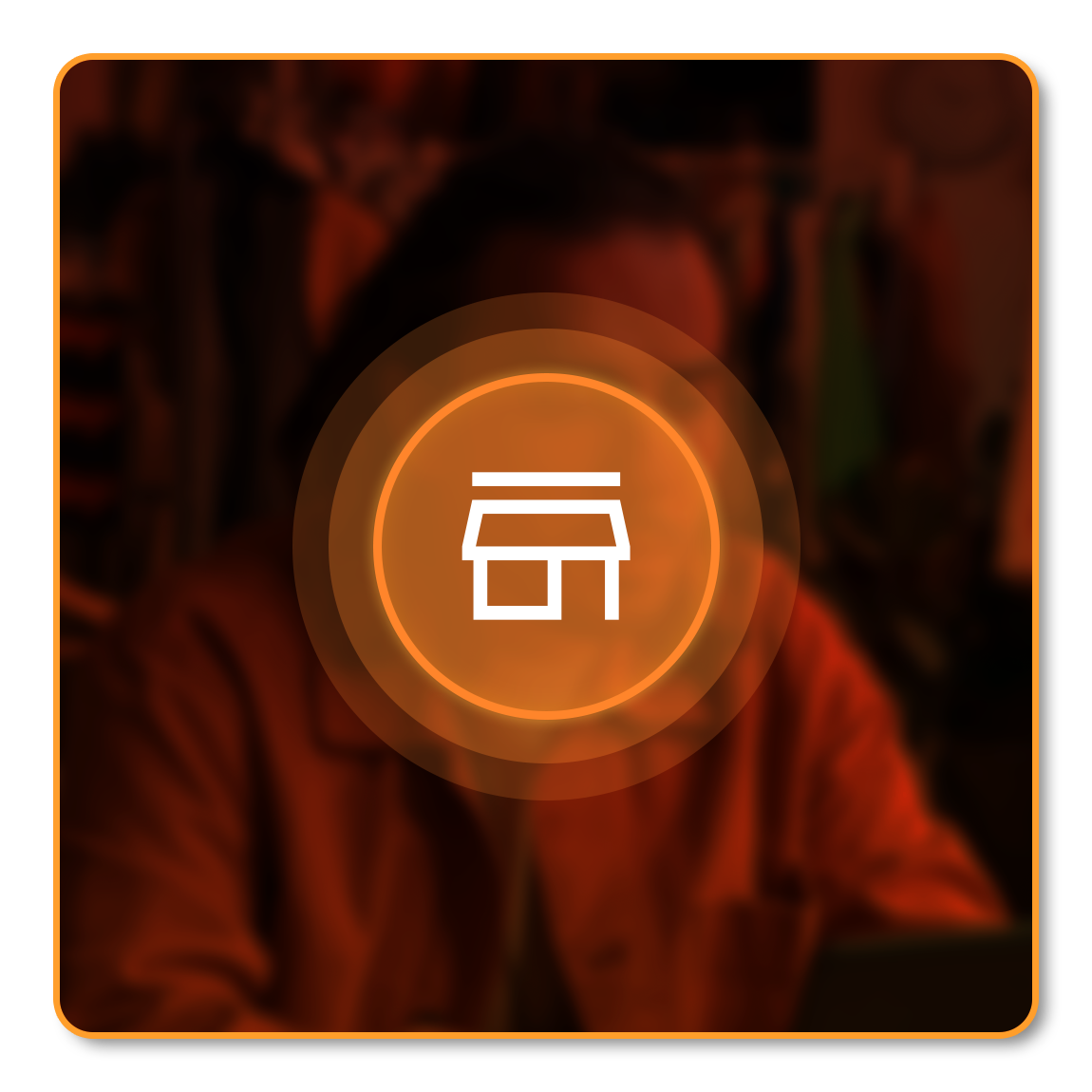 A white store icon is centered over an orange circular glow, with a blurred background showing indistinct figures and clothing.