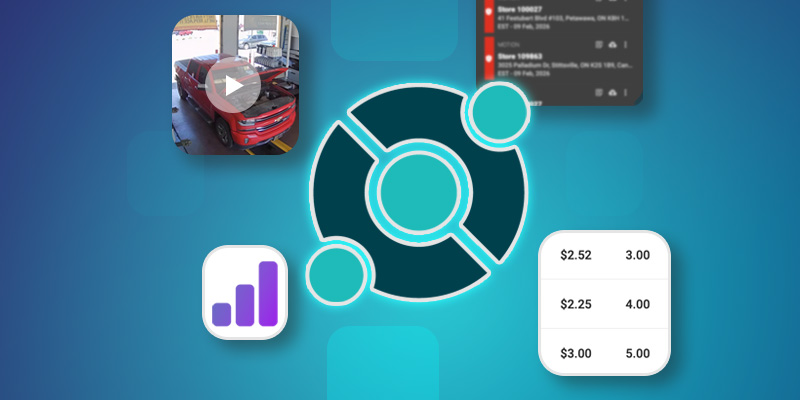 A graphic featuring the Ubuntu logo in the center, surrounded by car repair, data chart, analytics, and pricing elements on a blue background.