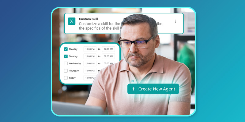 A man with glasses looks at a laptop screen displaying scheduling options and a button labeled "Create New Agent" against a blue gradient background.
