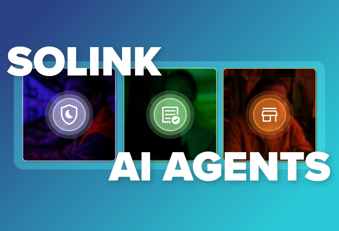 Graphic with three digital cards featuring icons and the text "SOLINK AI AGENTS" in large, bold white font across the image.