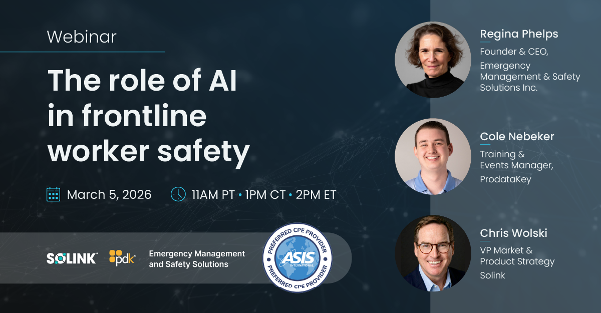 Webinar titled "The role of AI in frontline worker safety" with speakers Regina Phelps, Cole Nebeker, and Chris Wolski, scheduled for March 5, 2026, at 11AM PT.