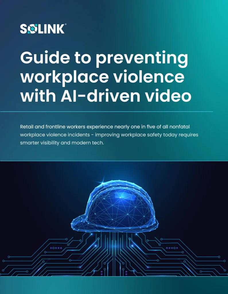 Cover page of a guide titled "Guide to preventing workplace violence with AI-driven video," featuring a digital hard hat with circuit patterns on a blue-green gradient background.