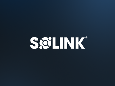 White "SOLINK" logo with a stylized "O" featuring three dots and a circle on a dark blue gradient background.