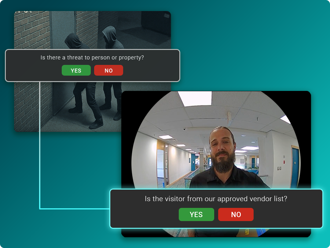 A security interface shows two scenarios: a masked duo near a wall with a prompt about threats, and a man at an entrance with a prompt about approved vendor status.