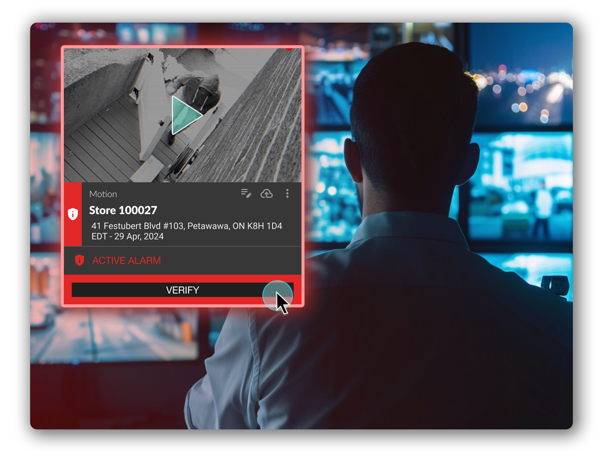 A person monitors multiple security camera feeds on screens; an alert for "Store 100027" shows an active alarm and a "VERIFY" button being clicked.