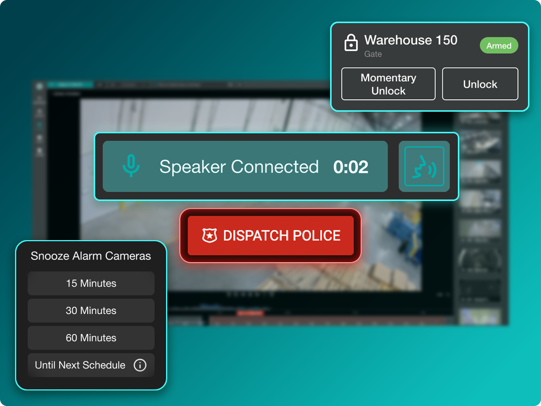 Security system interface showing options to unlock a warehouse, dispatch police, snooze alarm cameras, and a speaker connection timer over a blurred camera feed background.