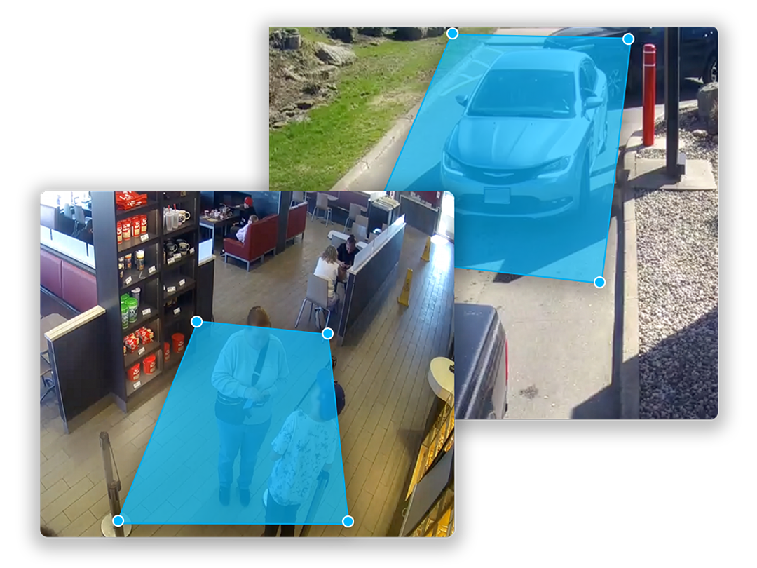 Two images show surveillance footage: one of people inside a restaurant, the other of a car in a drive-thru. Both have blue highlighted areas marking regions of interest.